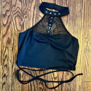 🖤 Goth Clubwear Halter Neck Choker Collar Mesh Top Crop Top with Waist Tie